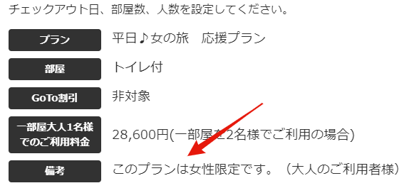 男女限定プランの予約サイト表示例
