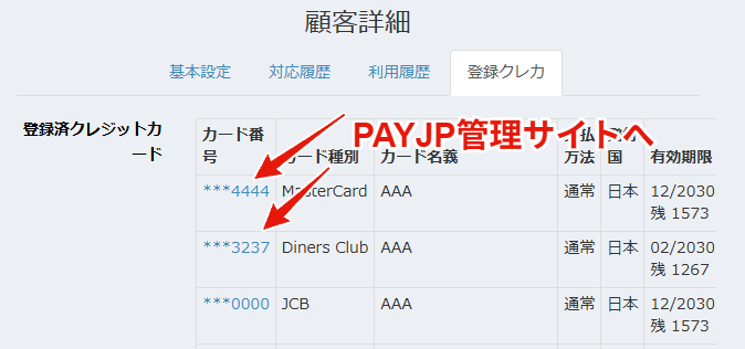 顧客詳細の登録クレカ一覧