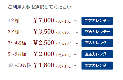 利用人数別大人単価の予約サイトでの表示例