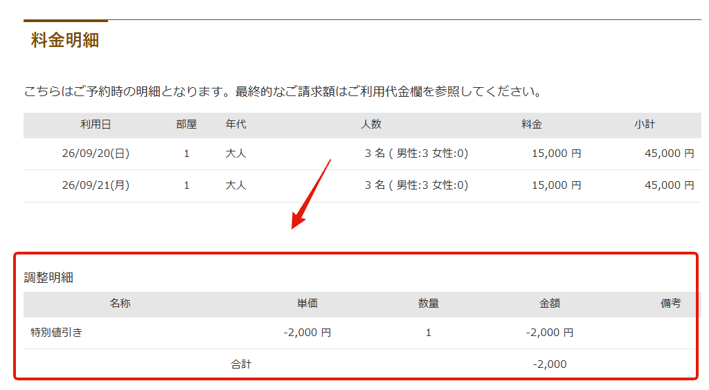 マイページの予約情報画面での調整明細表示例