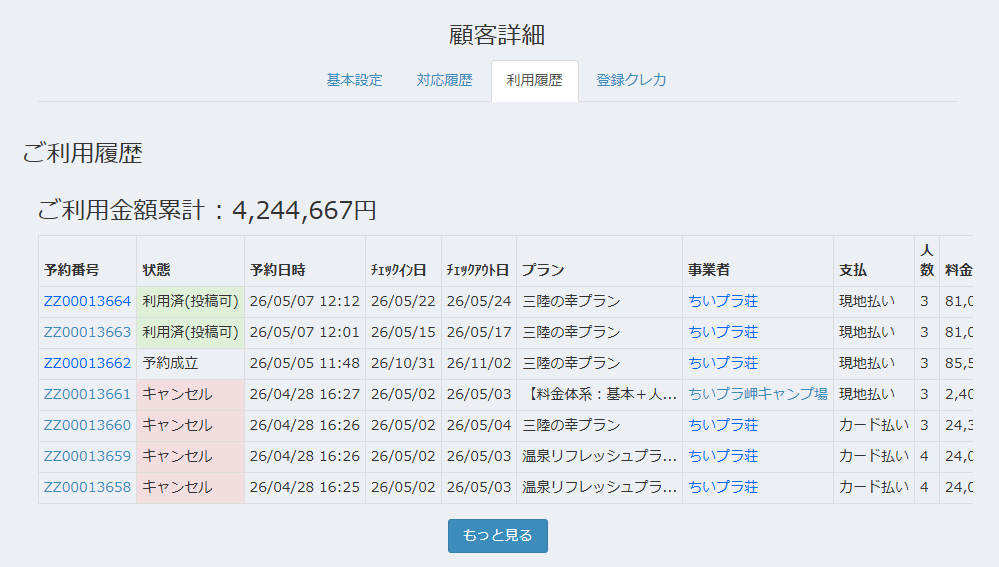 顧客の利用履歴一覧画面