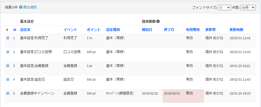 ポイント設定照会画面